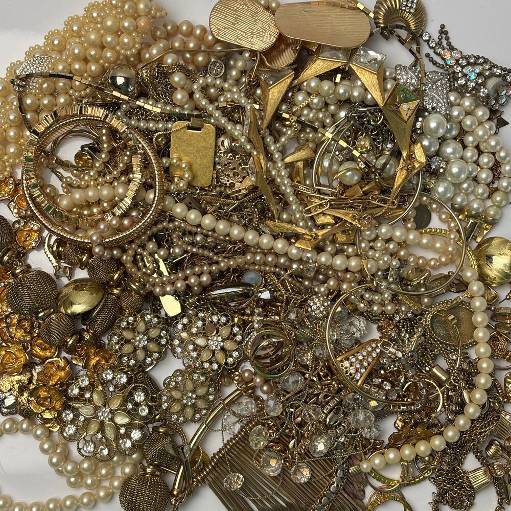 Curated Craft Jewelry Lot - 3 lbs Floral Glam Gold Tone Metal Cream Faux Pearl